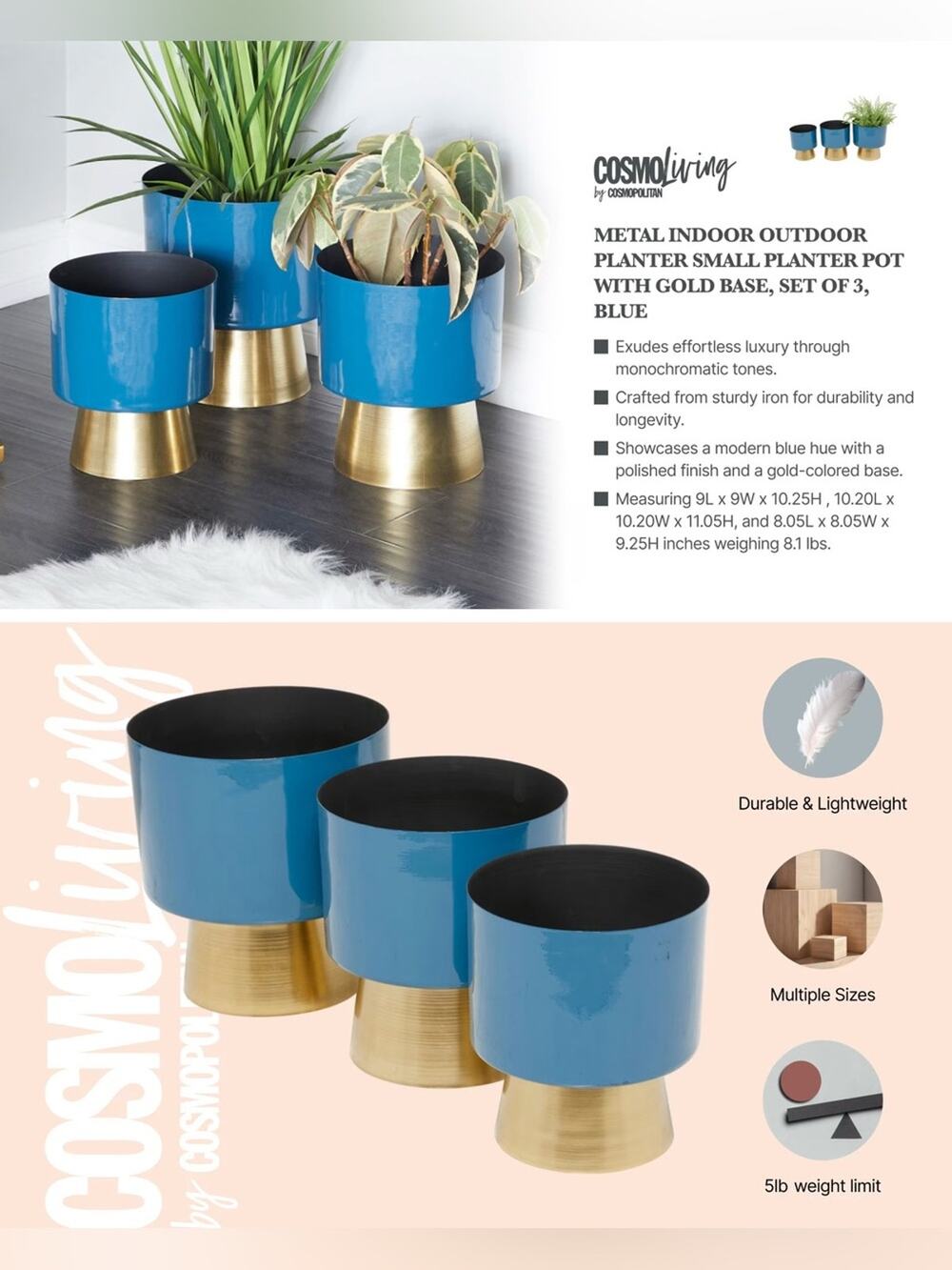 CosmoLiving NEW Blue & Gold Metal Planter 3/SET Modern Home Decor Indoor/Outdoor